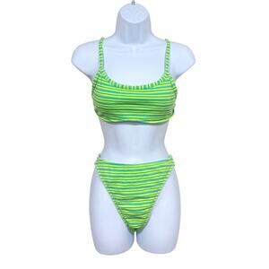 Vintage 80s 90s High Cut 2 Piece Neon Green Bikini Sz 9 / 10 Swimsuit Swim Suit